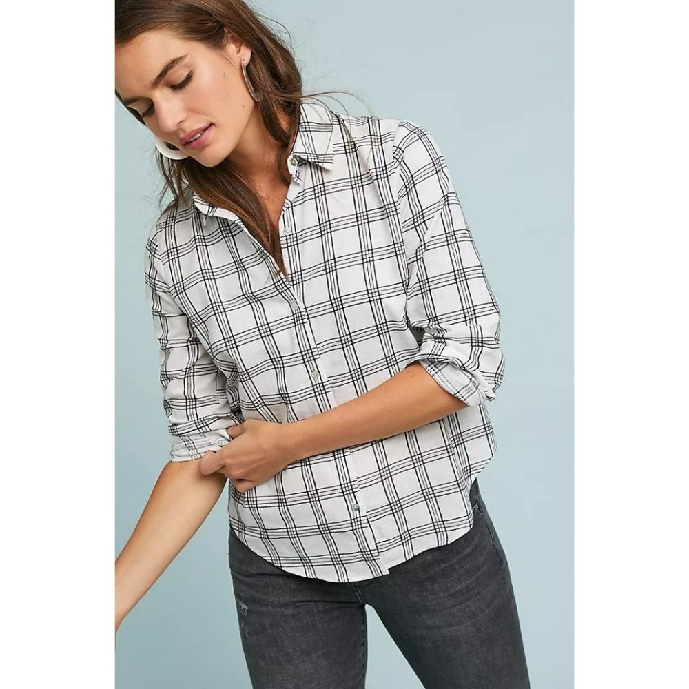 206. Eri + Ali Tonto Plaid Buttondown Shirt Top White Extra Small XS